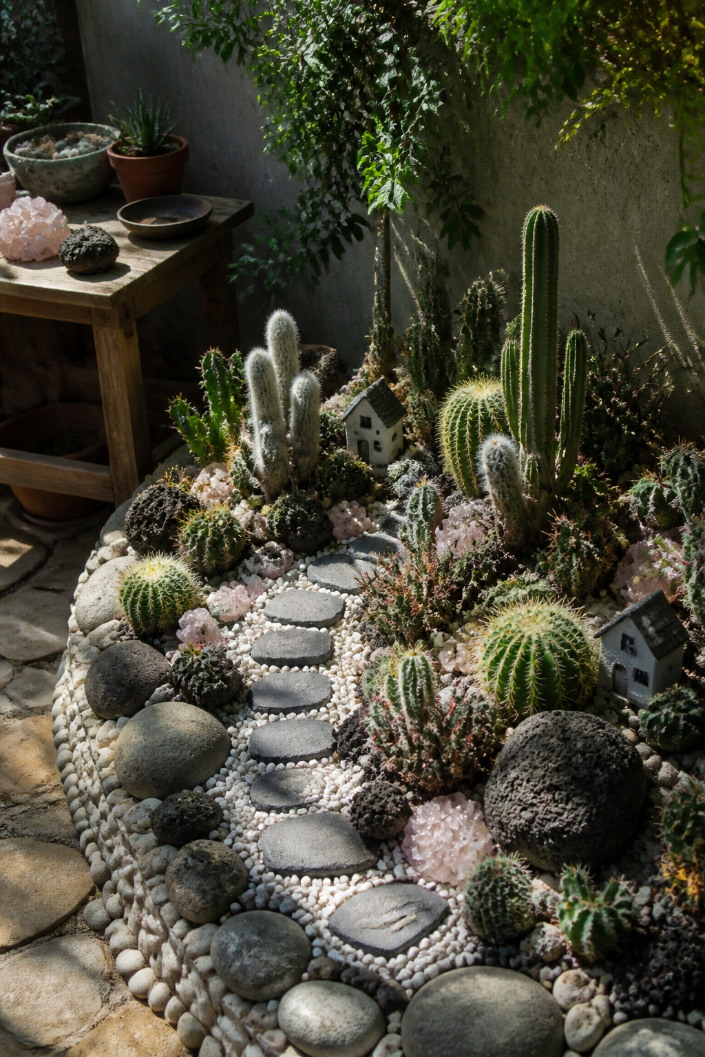 A whimsical cactus garden with decorative rocks and a stone pathway.