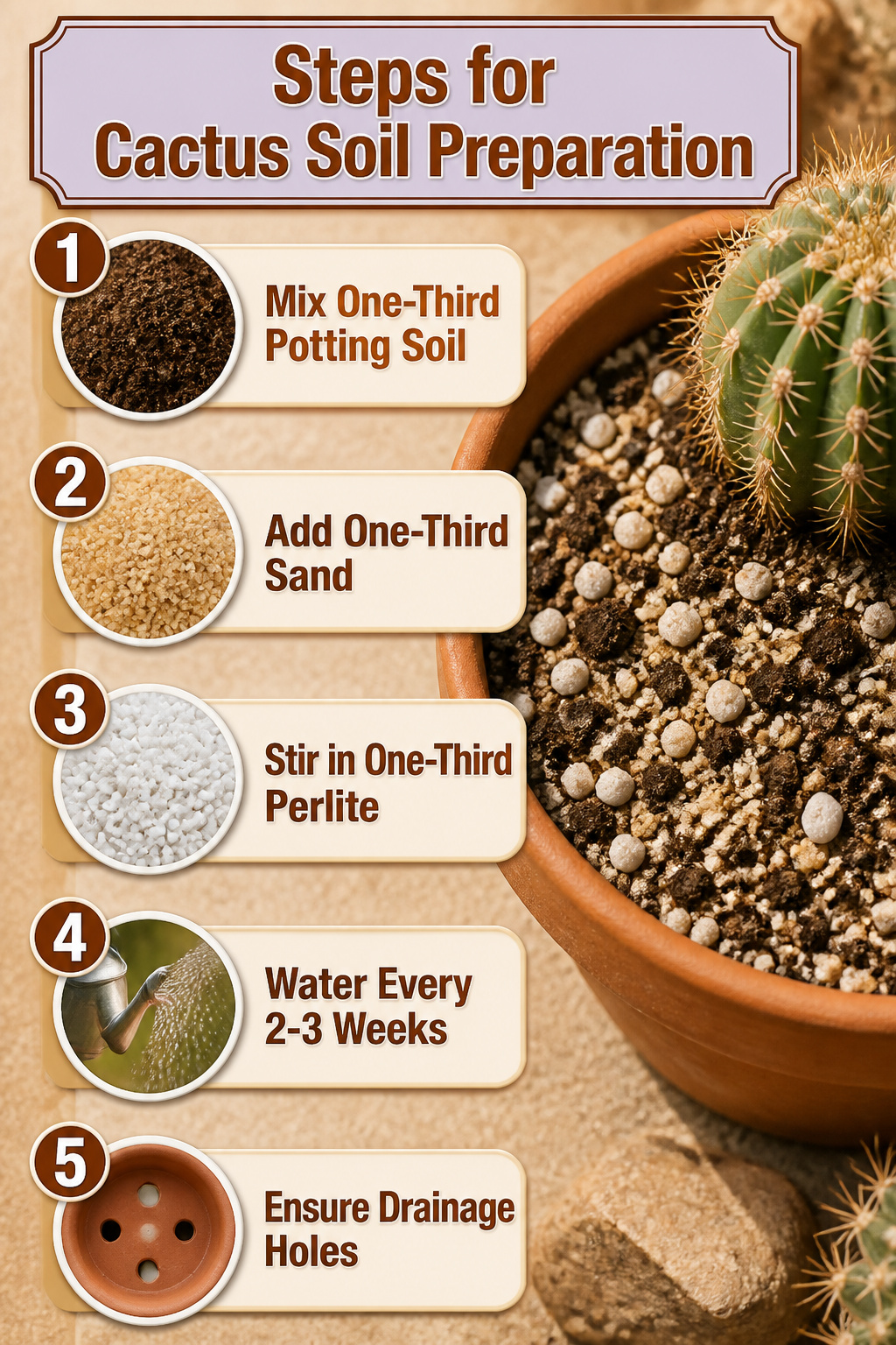 Instructions for creating a cactus soil mix with potting soil and sand.