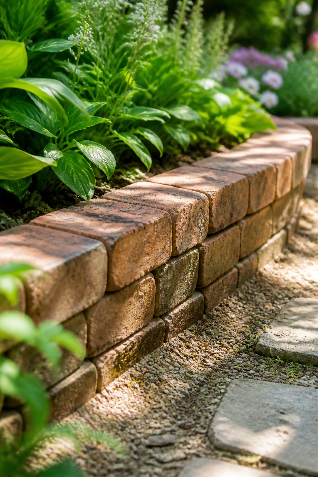 23 Brick and Rock Edging Ideas for Garden Borders (2026) 1 Double-stacked brick edging in a garden with greenery.
