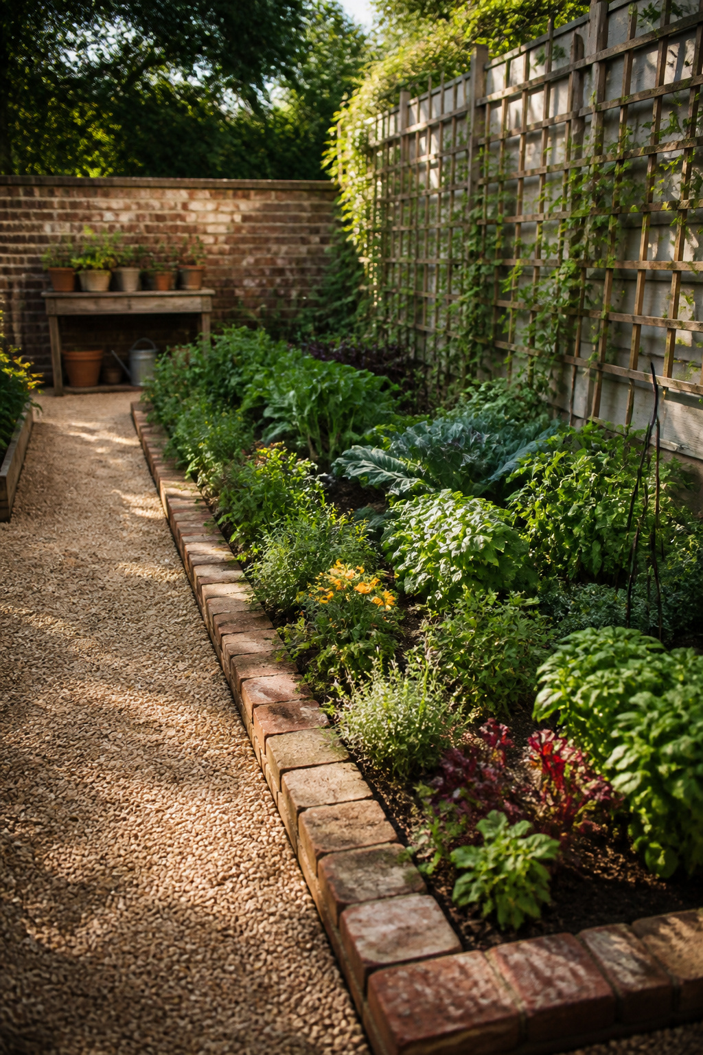 23 Brick and Rock Edging Ideas for Garden Borders (2026) 17 Reclaimed brick edging in a potager garden.