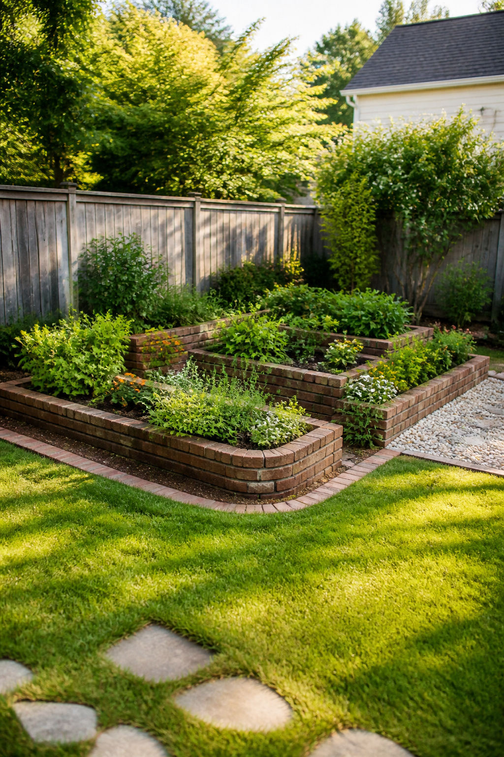 23 Brick and Rock Edging Ideas for Garden Borders (2026) 19 Brick border around raised garden beds made of wood.