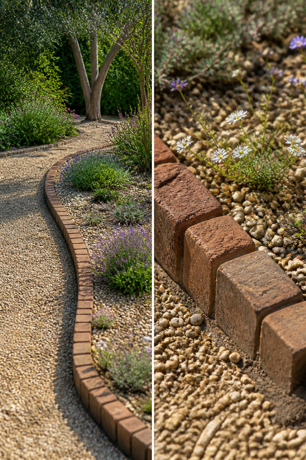 23 Brick and Rock Edging Ideas for Garden Borders (2026) 20 Brick soldier course with gravel mulch in a garden.