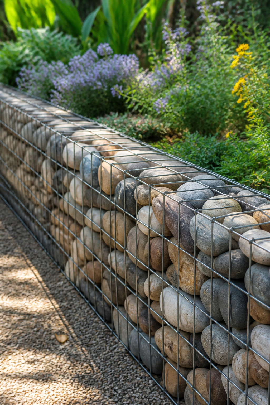 23 Brick and Rock Edging Ideas for Garden Borders (2026) 23 Gabion wall filled with rocks creating a garden edge.