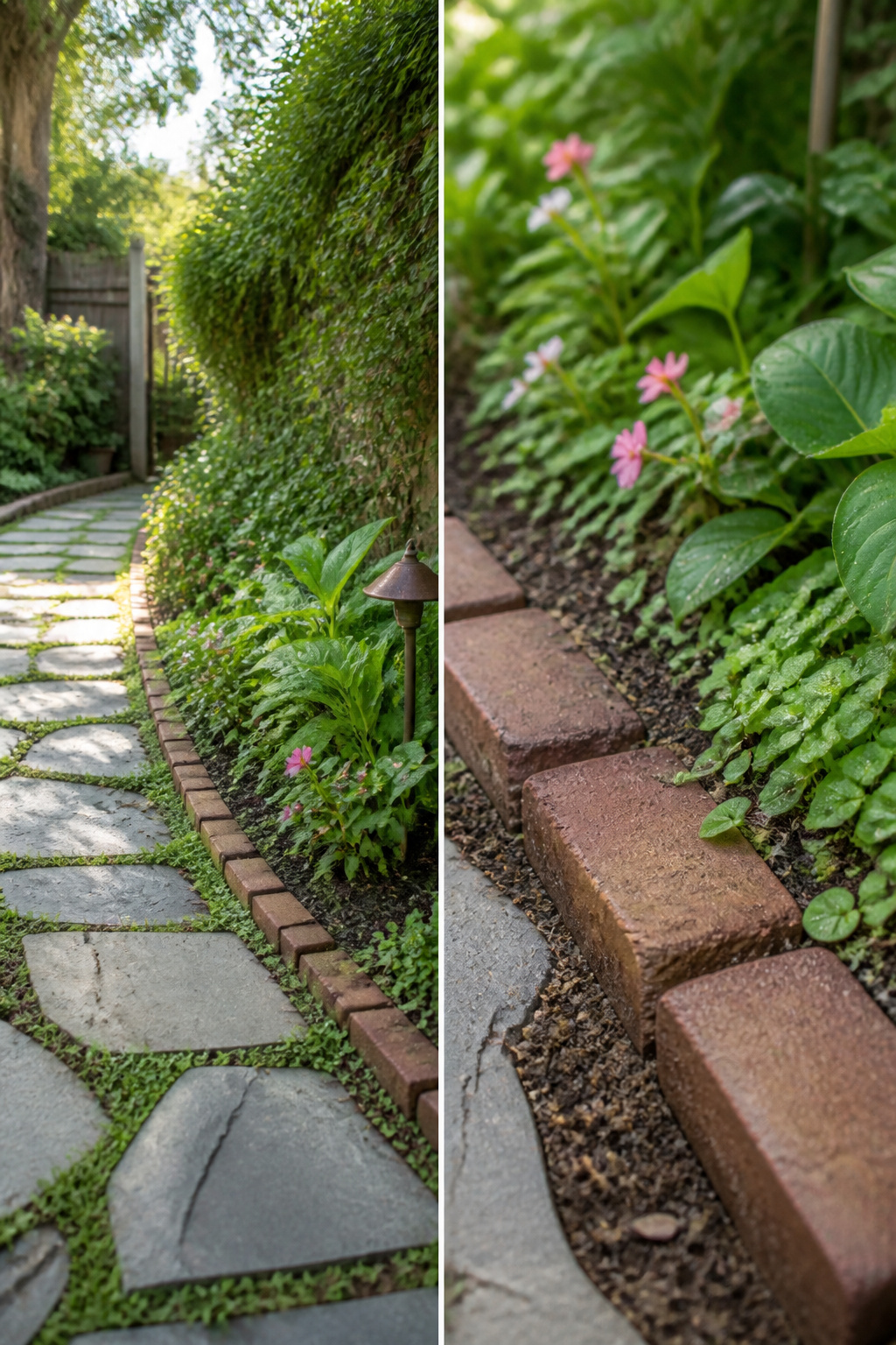 23 Brick and Rock Edging Ideas for Garden Borders (2026) 3 Half brick edging connecting a walkway to a garden bed.