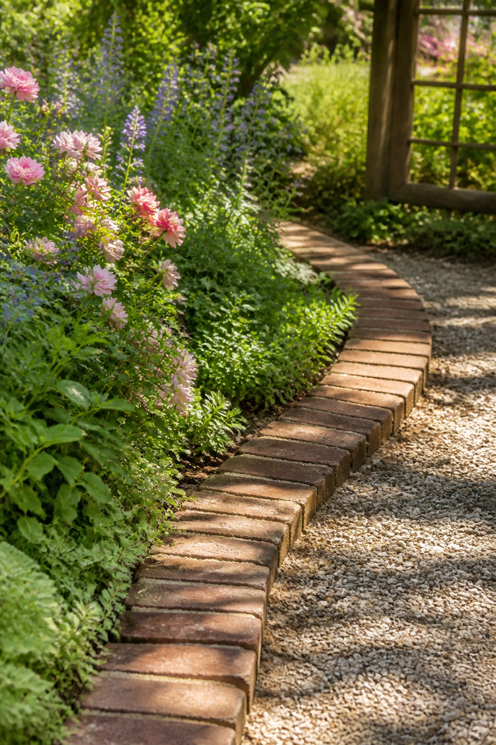 23 Brick and Rock Edging Ideas for Garden Borders (2026) 4 Curvy brick edging surrounding a lush garden area.
