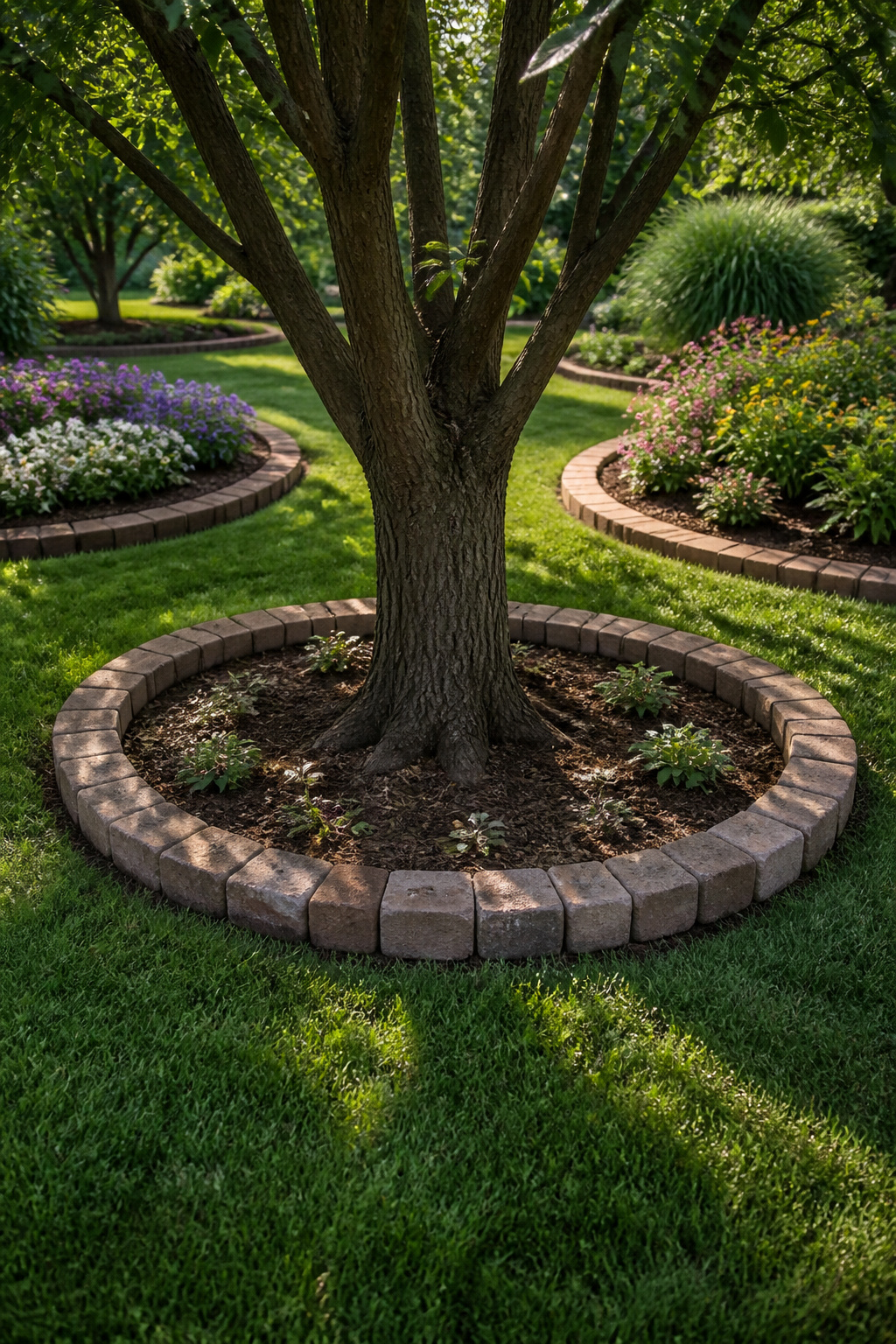 23 Brick and Rock Edging Ideas for Garden Borders (2026) 7 Circular brick border around a prominent tree.