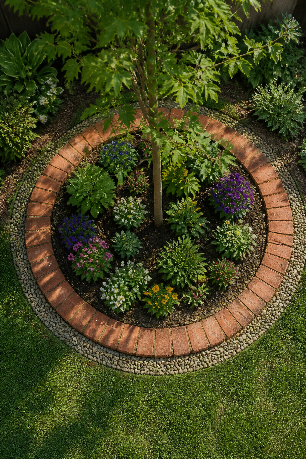 23 Brick and Rock Edging Ideas for Garden Borders (2026) 8 Flat circular brick border surrounding a focal plant.