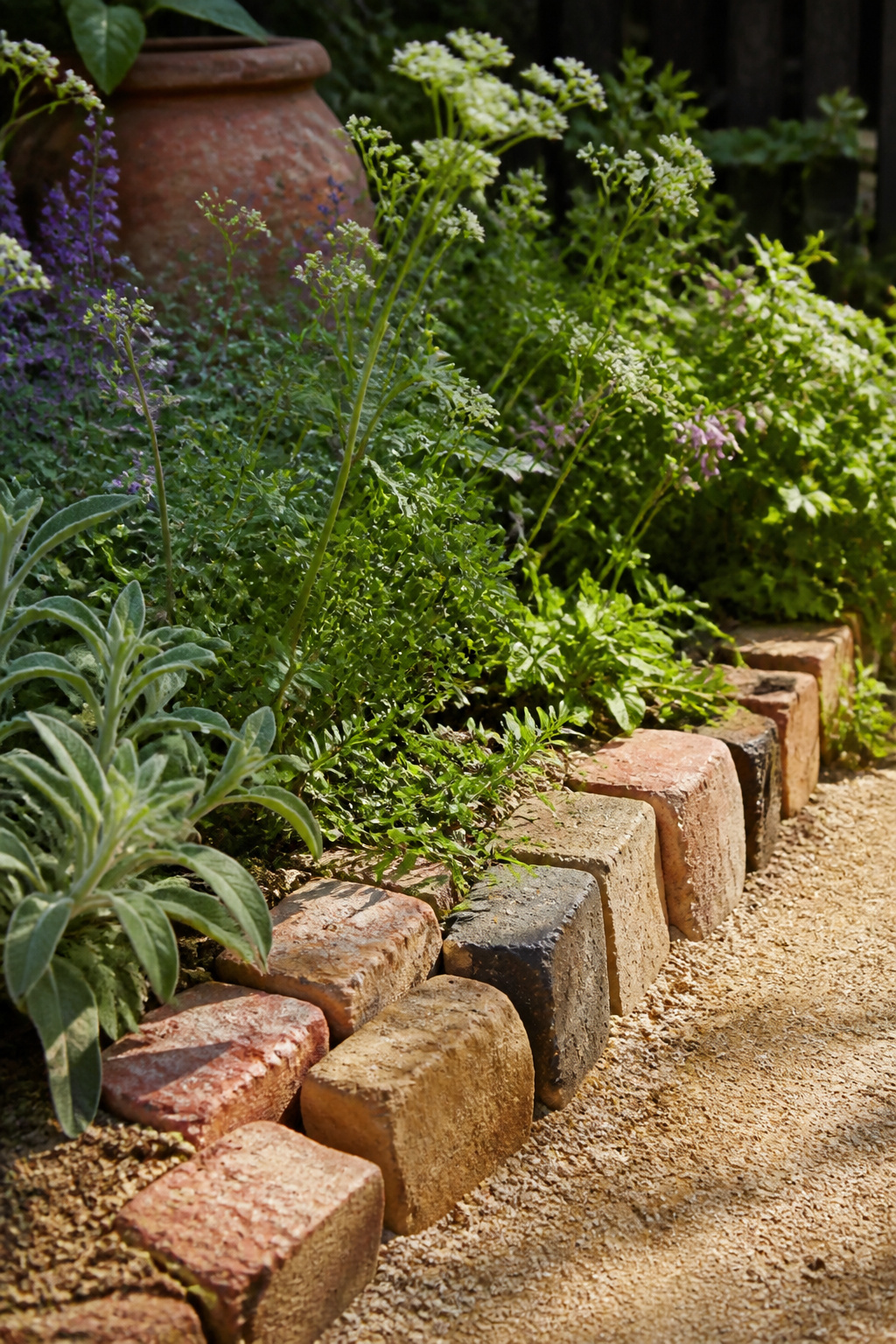 23 Brick and Rock Edging Ideas for Garden Borders (2026) 9 Mismatched bricks arranged in a playful garden edge.