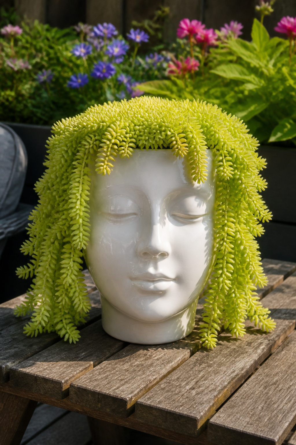 12 Face Planter Ideas: Plants That Look Like Hair in Head Pots 1 Lemon Coral Sedum cascading from a white ceramic face planter.