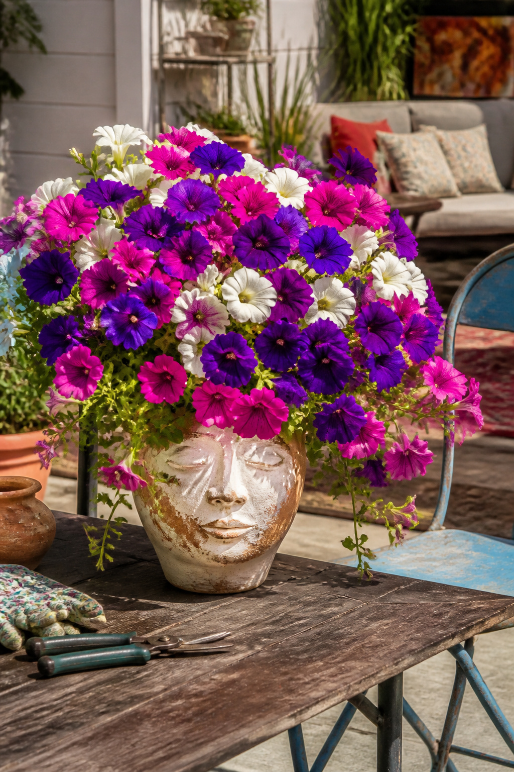 12 Face Planter Ideas: Plants That Look Like Hair in Head Pots 11 Petunias in purple, pink, and white trailing from a ceramic face planter.