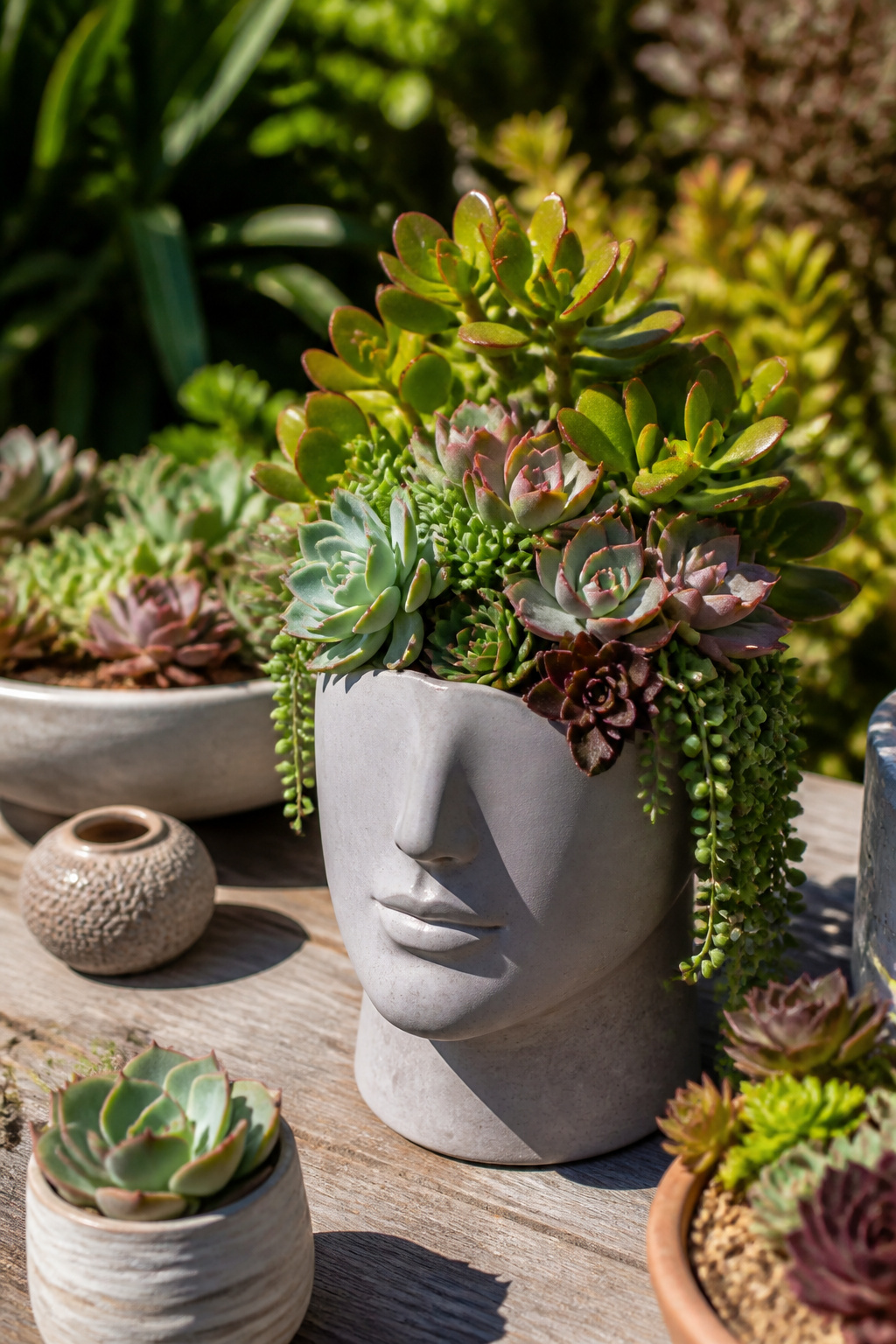 12 Face Planter Ideas: Plants That Look Like Hair in Head Pots 12 Various succulents arranged in a ceramic face planter.