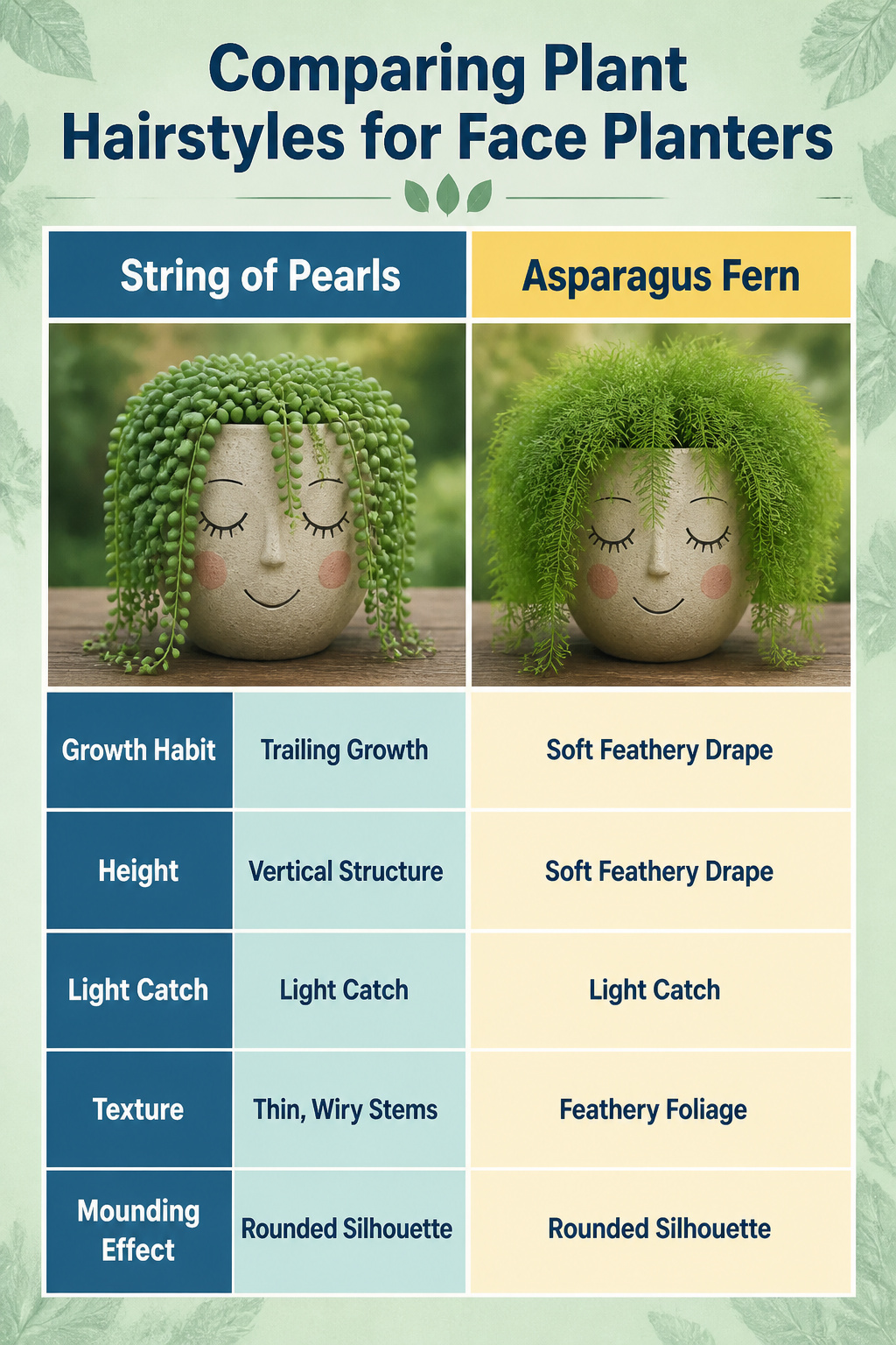12 Face Planter Ideas: Plants That Look Like Hair in Head Pots 14 Visual comparison of plant growth habits for face planters.