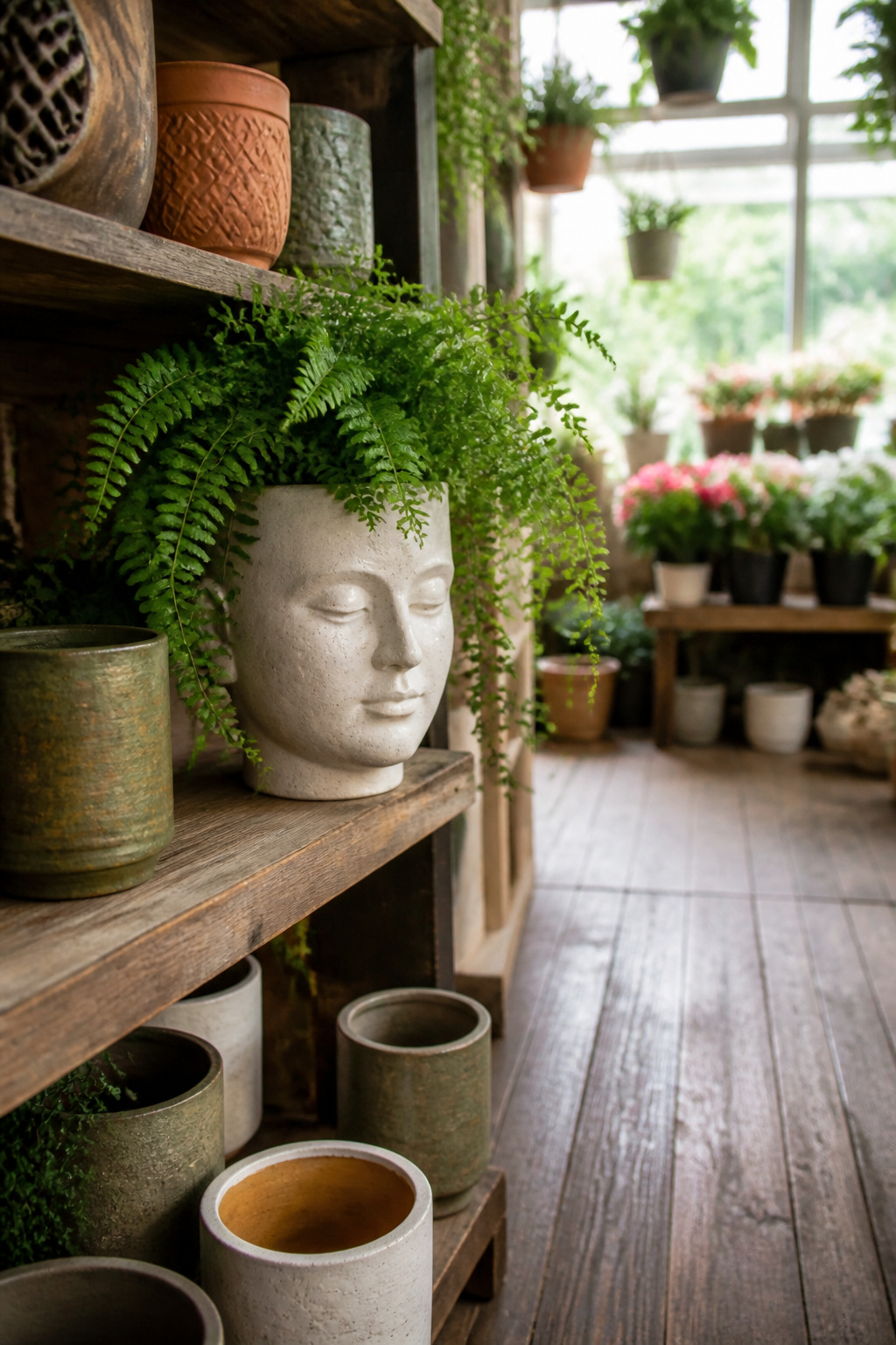 12 Face Planter Ideas: Plants That Look Like Hair in Head Pots 15 Ceramic men's head planter with ferns cascading over the top.