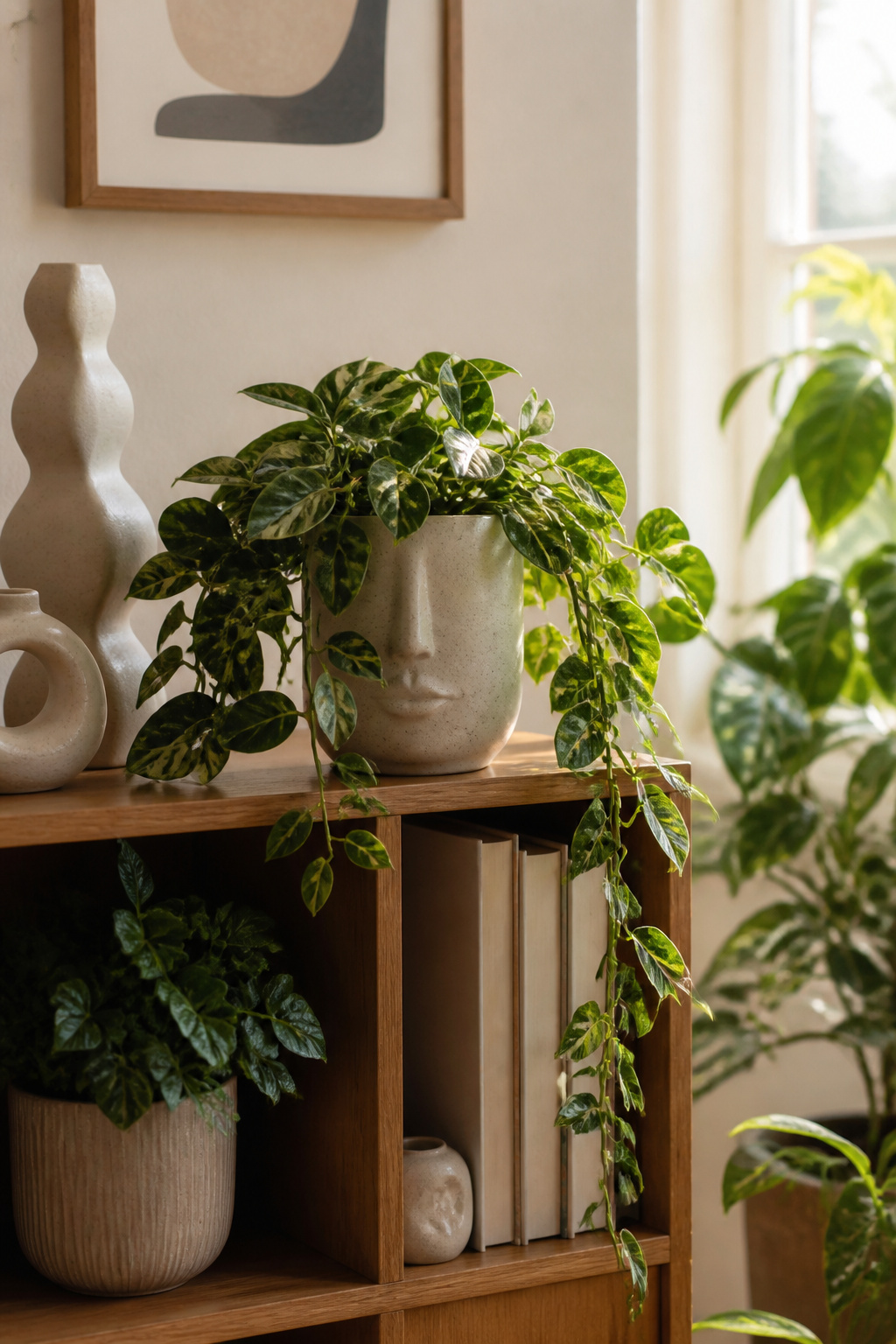 12 Face Planter Ideas: Plants That Look Like Hair in Head Pots 2 Hoya Exotica trailing over the edges of a ceramic face planter.