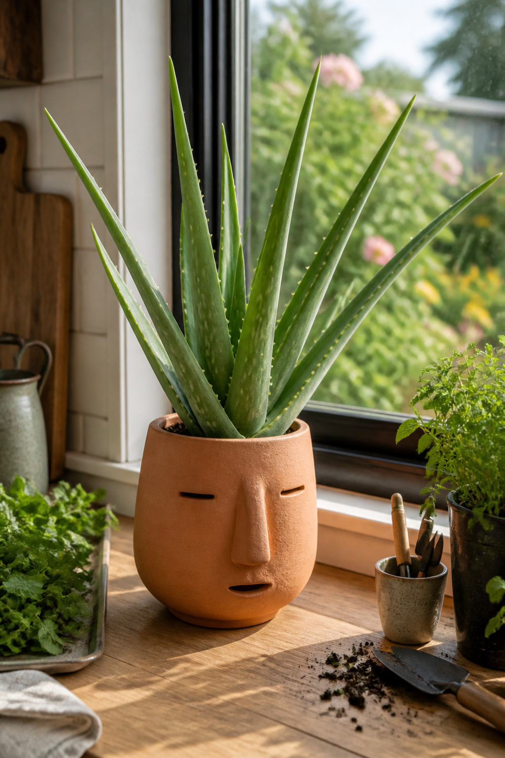 12 Face Planter Ideas: Plants That Look Like Hair in Head Pots 3 Aloe Vera with lance-shaped leaves in a terra-cotta head planter.