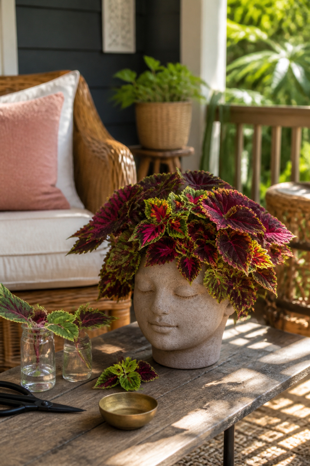 12 Face Planter Ideas: Plants That Look Like Hair in Head Pots 5 Vibrant Coleus spilling over the edges of a rustic ceramic planter.