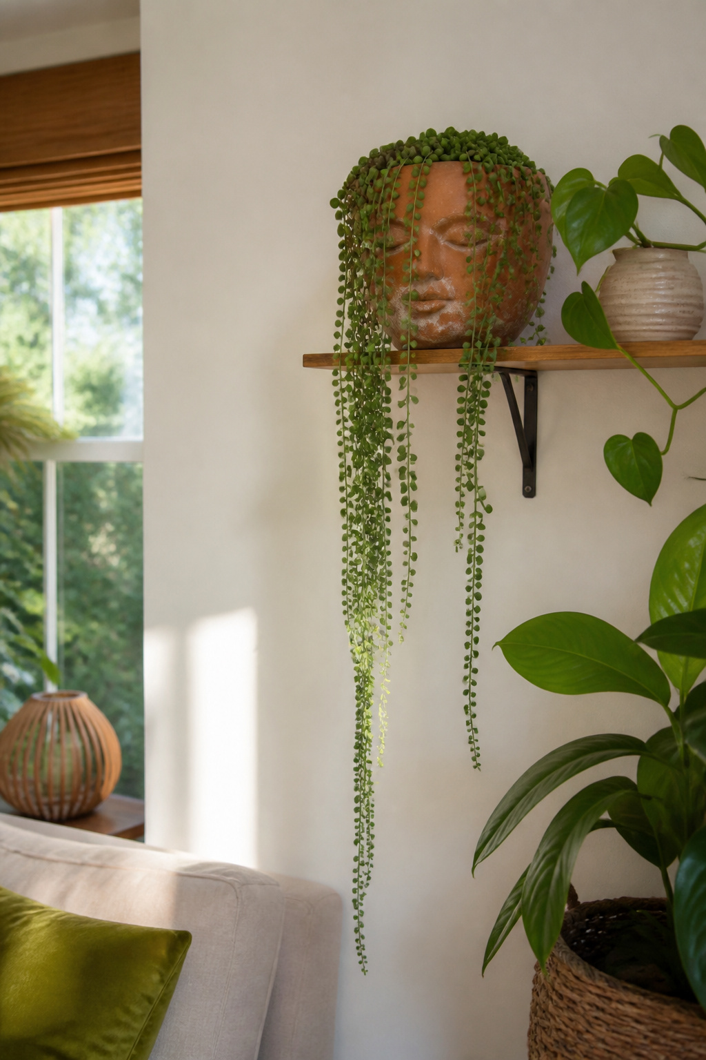 12 Face Planter Ideas: Plants That Look Like Hair in Head Pots 6 String of Pearls draping elegantly from a hanging face planter.