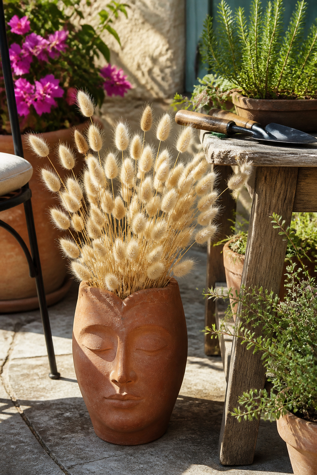 12 Face Planter Ideas: Plants That Look Like Hair in Head Pots 8 Bunny Tails grass with fluffy seed heads in a ceramic face planter.