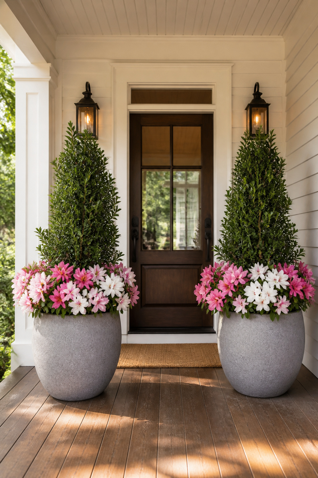 Two large potted plants beside a front door.