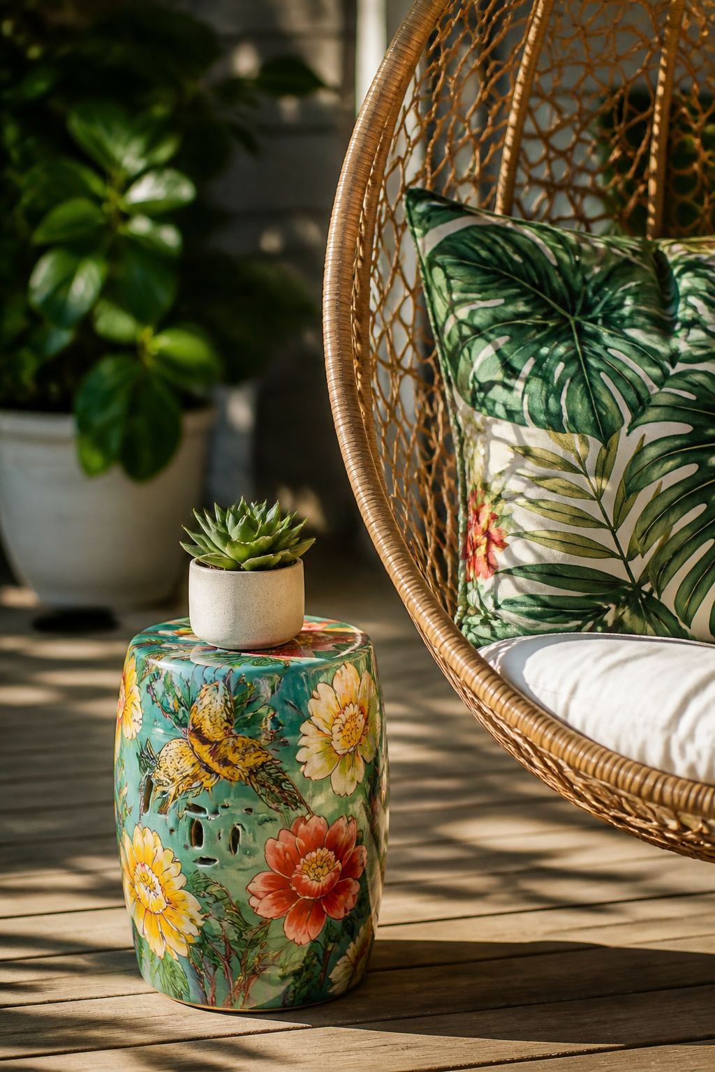 A colorful garden stool used as a side table on a porch.