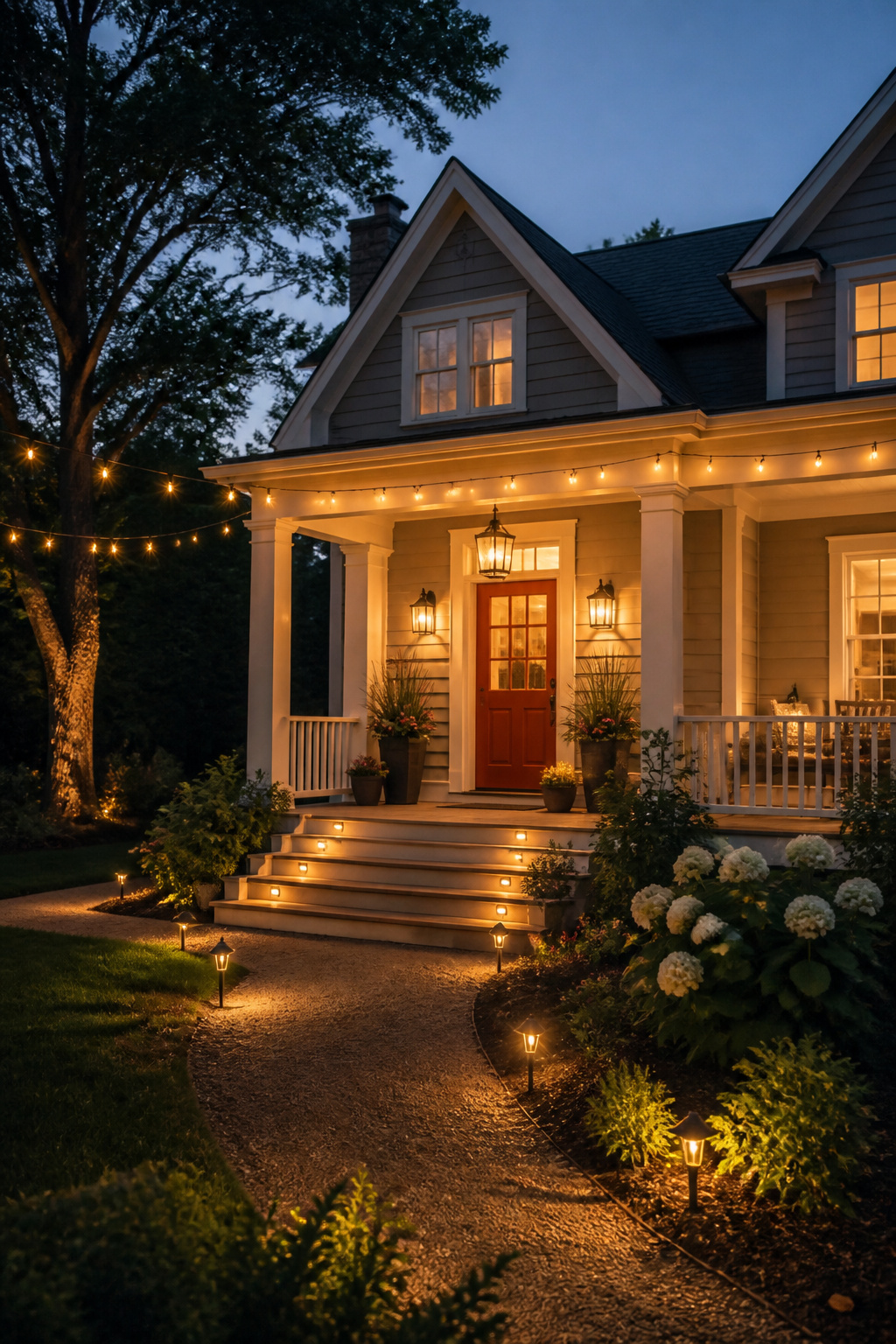 Solar-powered lights installed along a porch railing.