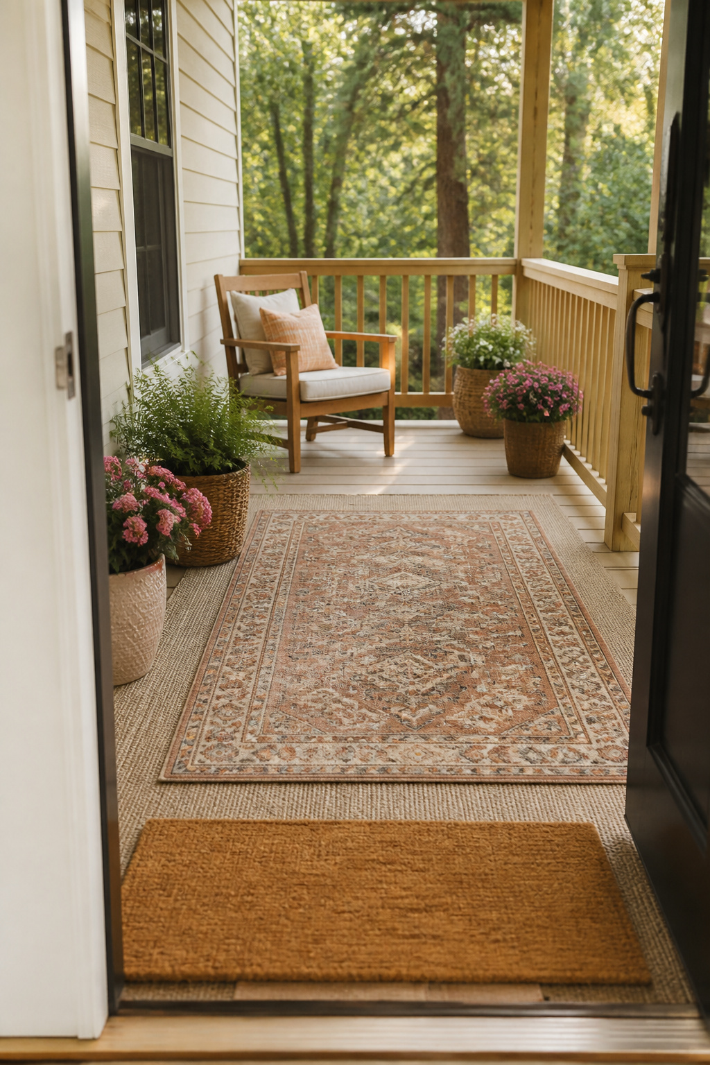 A front porch with a large beige outdoor rug.