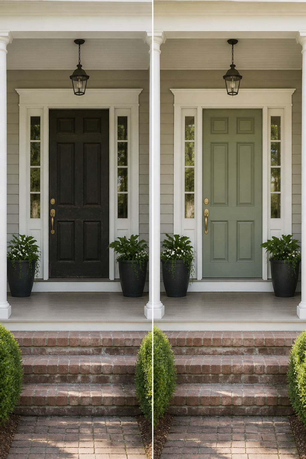A front door painted in a muted sage color.