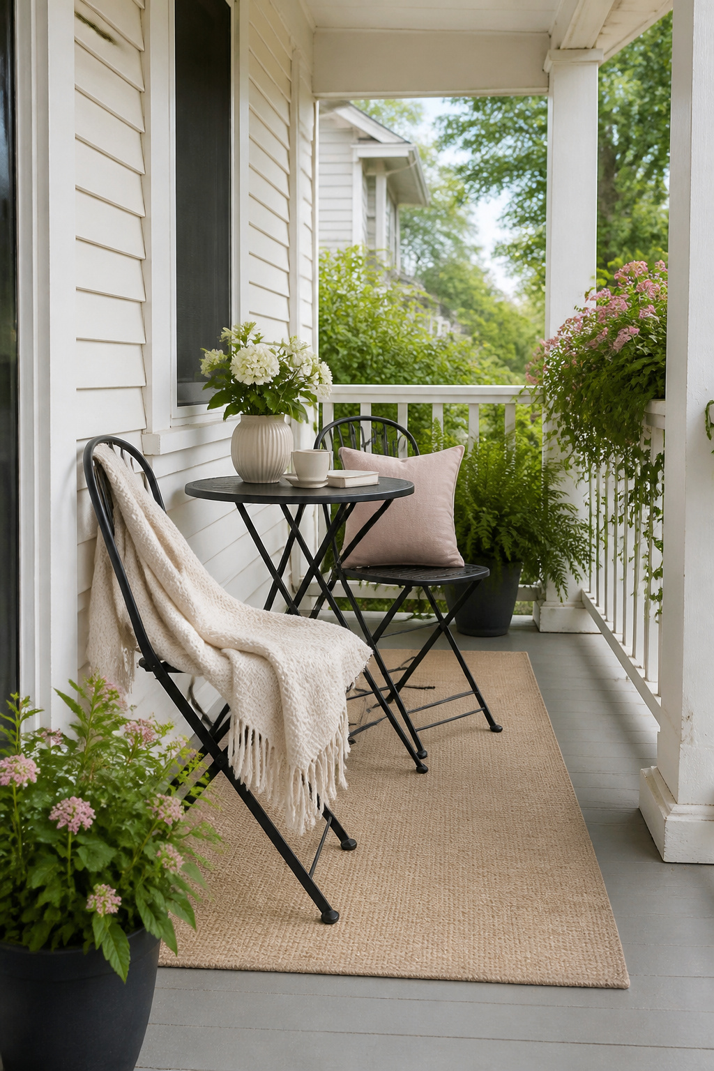 A narrow metal bistro set with a throw blanket on a porch.