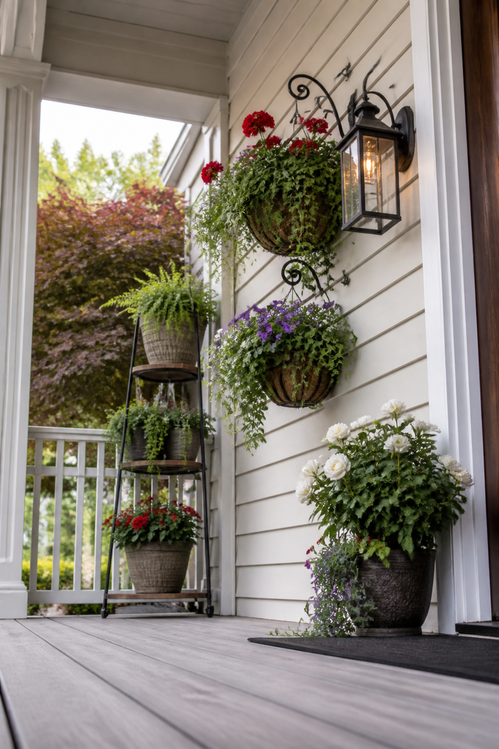 Hooks on the wall holding a planter and a lantern.