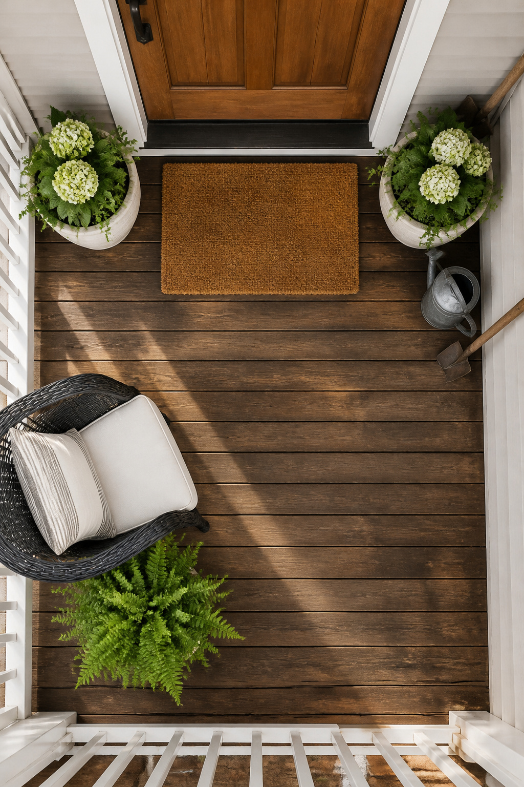 A clean porch area without shoes or garden tools.