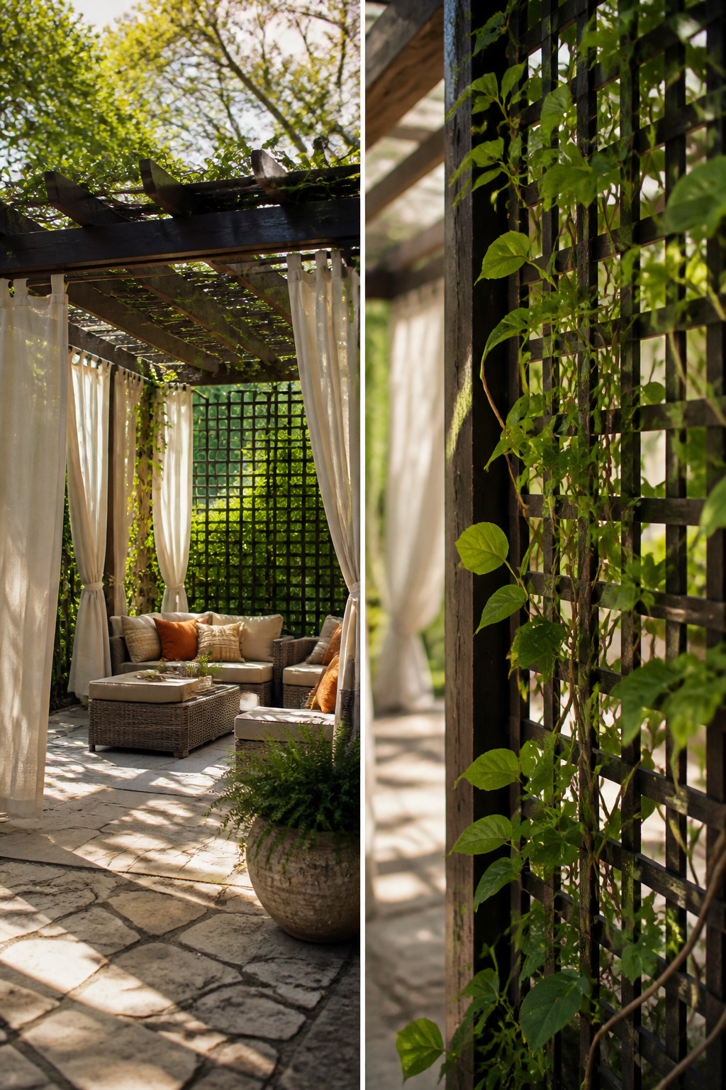 8 Patio Privacy Ideas That Actually Work in 2026 11 A layered setup of curtains and vines for patio privacy.