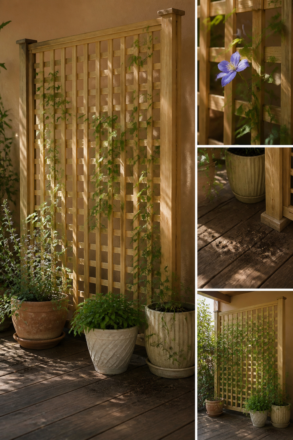 8 Patio Privacy Ideas That Actually Work in 2026 7 A wooden lattice panel set up for climbing plants.