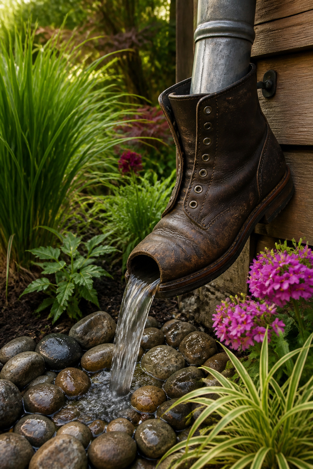 16 Rain Chain Ideas for Drainage and DIY Style in 2026 10 Old boot attached to the end of a rain chain.