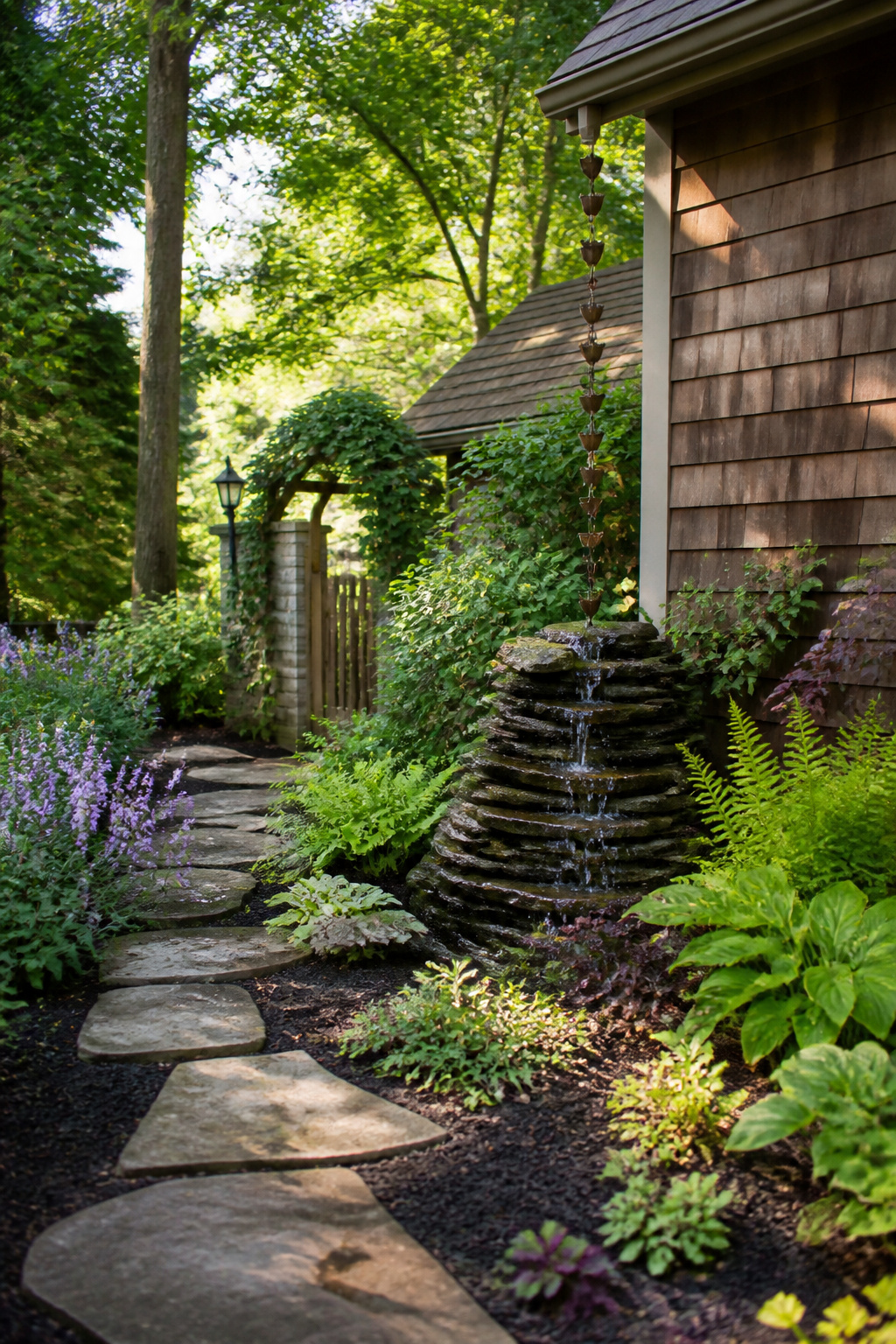 16 Rain Chain Ideas for Drainage and DIY Style in 2026 13 Flat rocks stacked beneath a rain chain creating a waterfall effect.