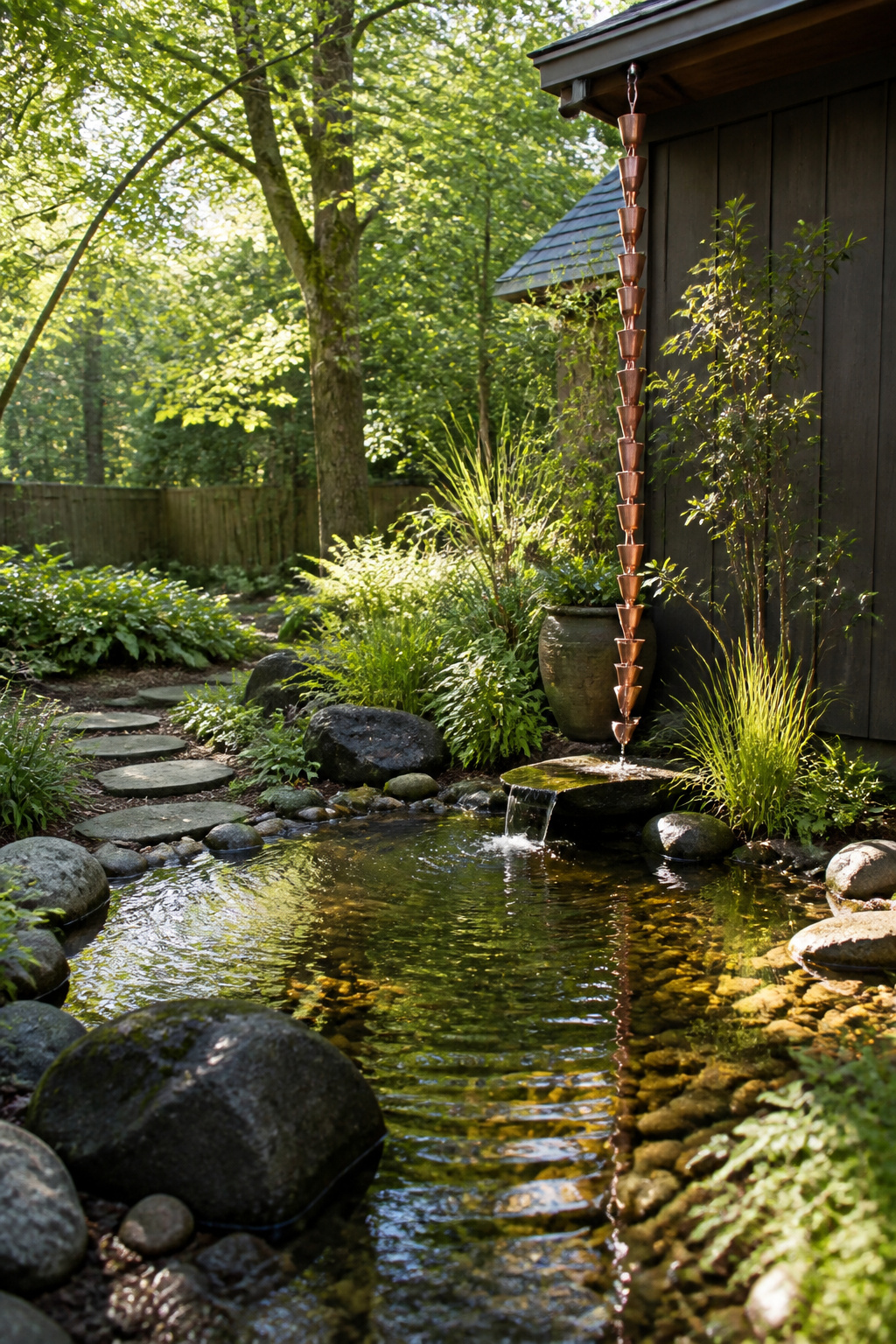 16 Rain Chain Ideas for Drainage and DIY Style in 2026 14 Rain chain directing water into a small pond.