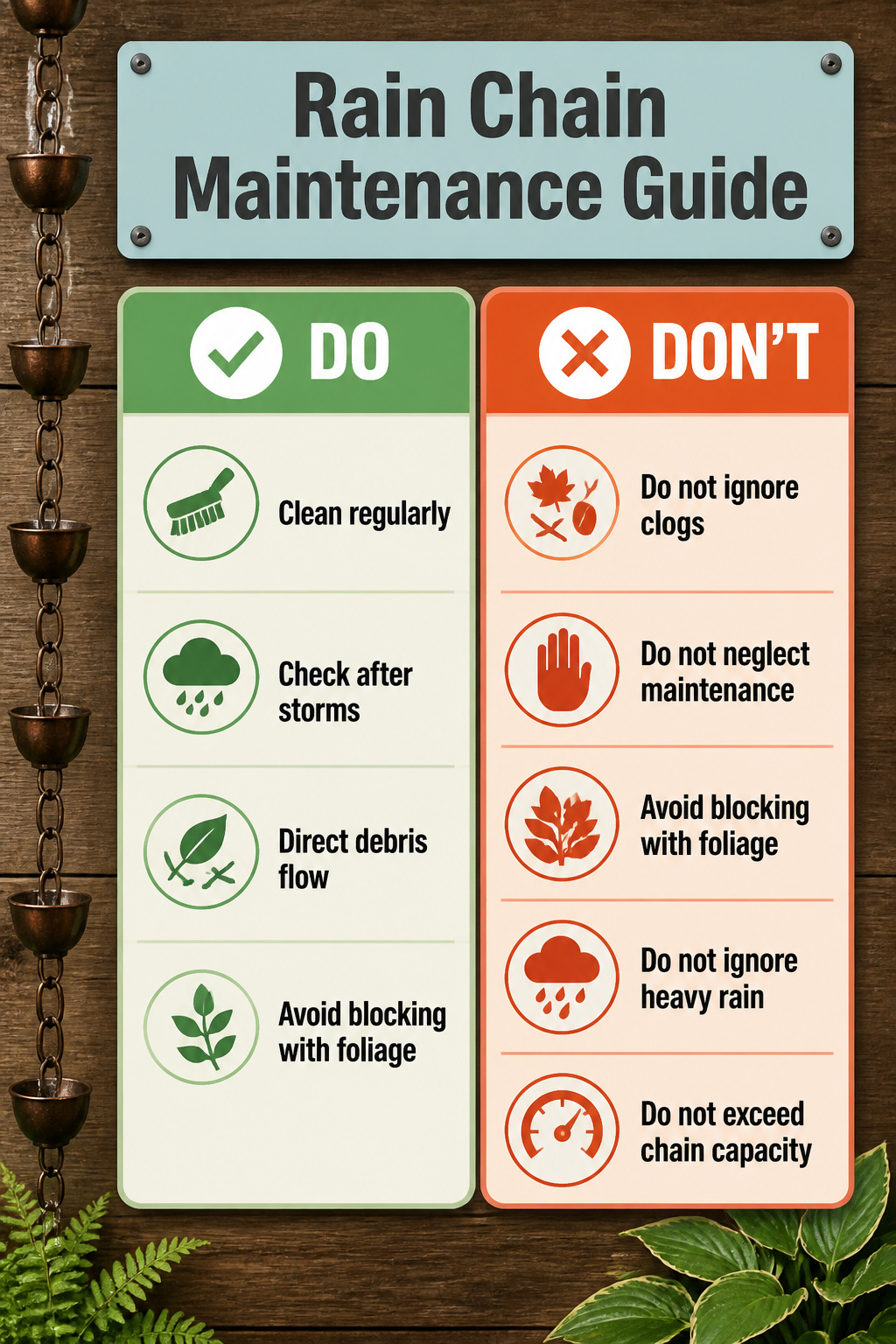 16 Rain Chain Ideas for Drainage and DIY Style in 2026 19 Maintenance guide for rain chains showing debris collection.