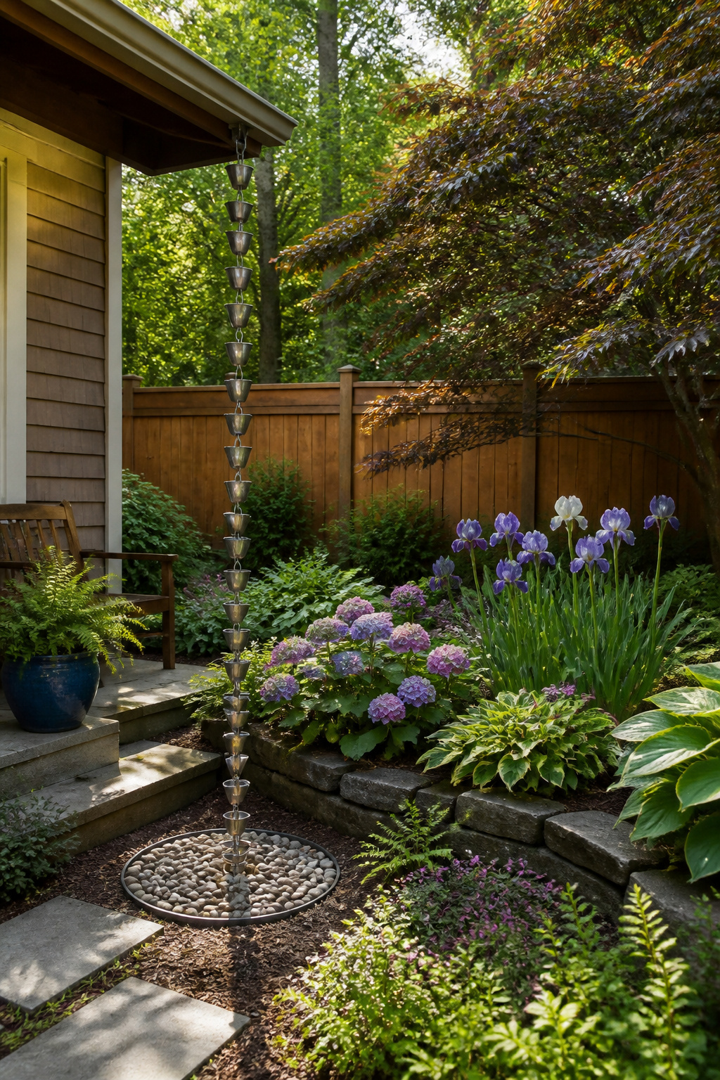16 Rain Chain Ideas for Drainage and DIY Style in 2026 4 Rain chain positioned above a garden bed for irrigation.