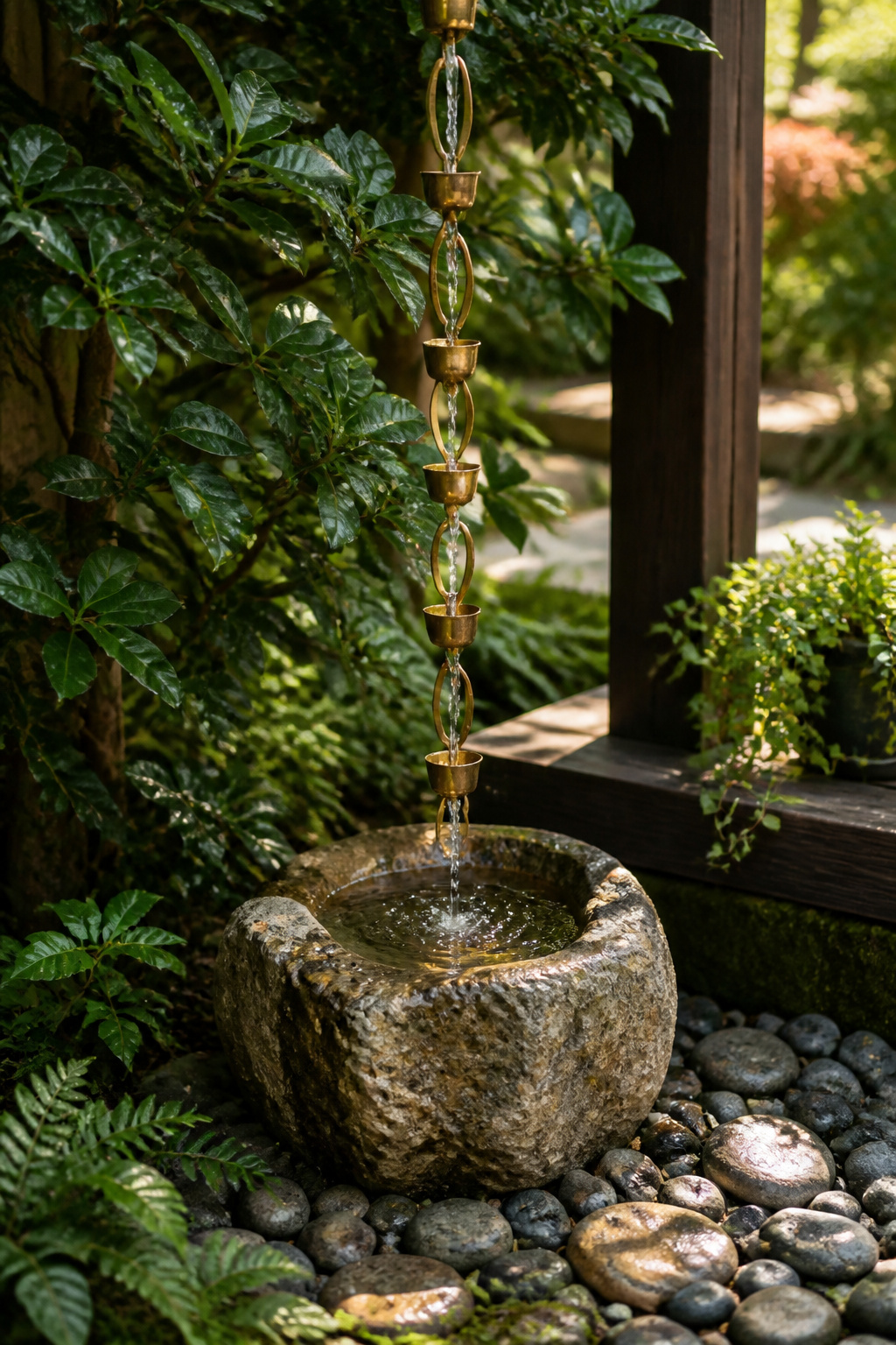 16 Rain Chain Ideas for Drainage and DIY Style in 2026 5 Stone basin at the base of a decorative rain chain.
