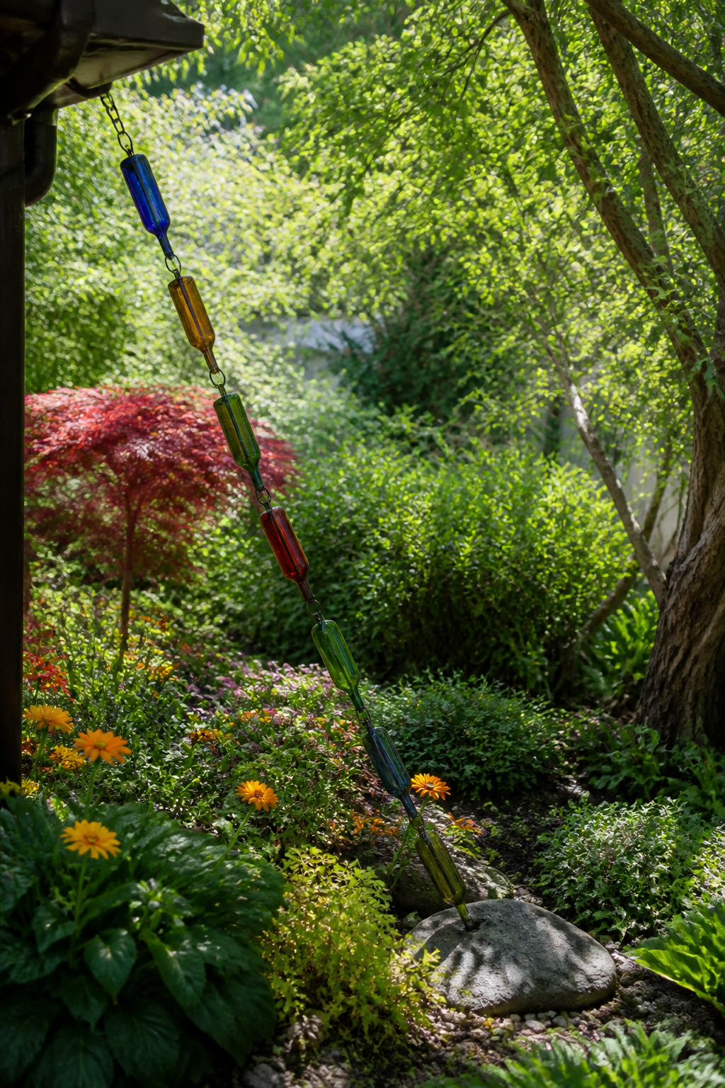 16 Rain Chain Ideas for Drainage and DIY Style in 2026 6 Rain chain made from colorful wine bottles in a vibrant garden.