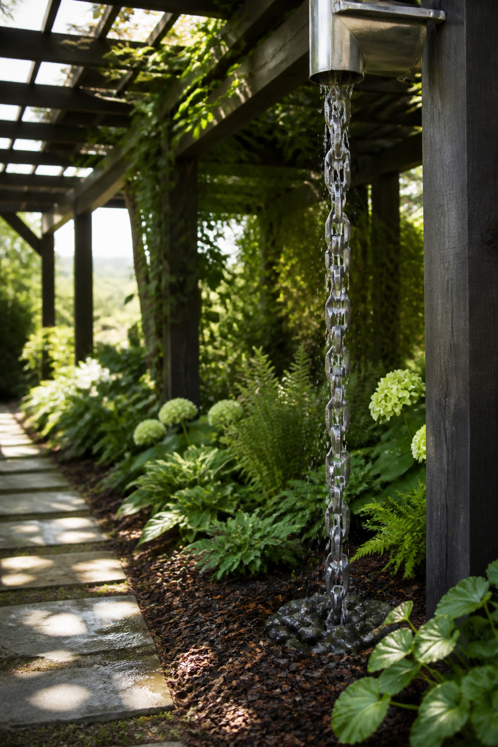 16 Rain Chain Ideas for Drainage and DIY Style in 2026 7 Zinc guttering rain chain directing water into a flower bed.
