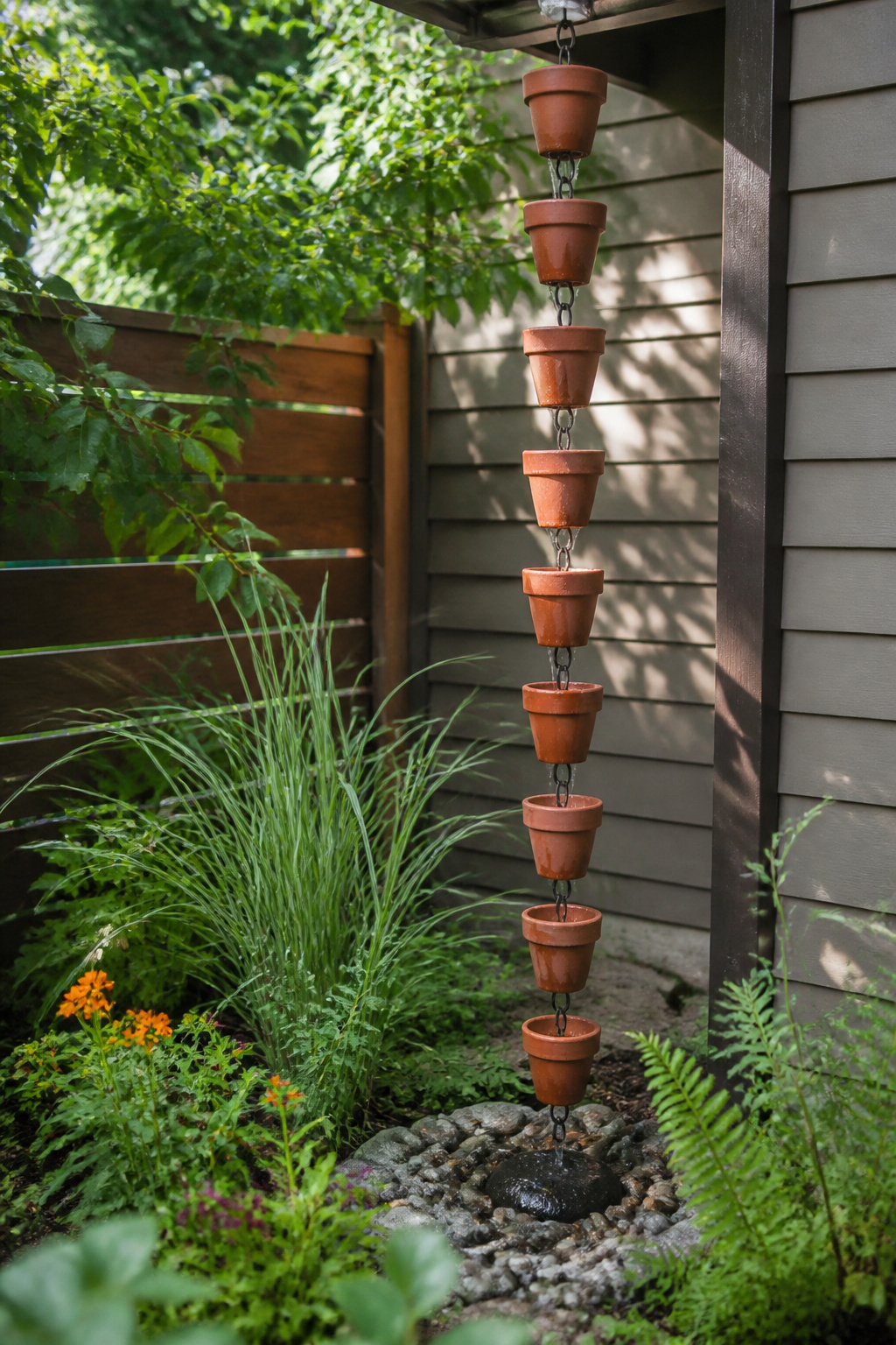 16 Rain Chain Ideas for Drainage and DIY Style in 2026 9 Terracotta pots arranged along a rain chain in a garden.