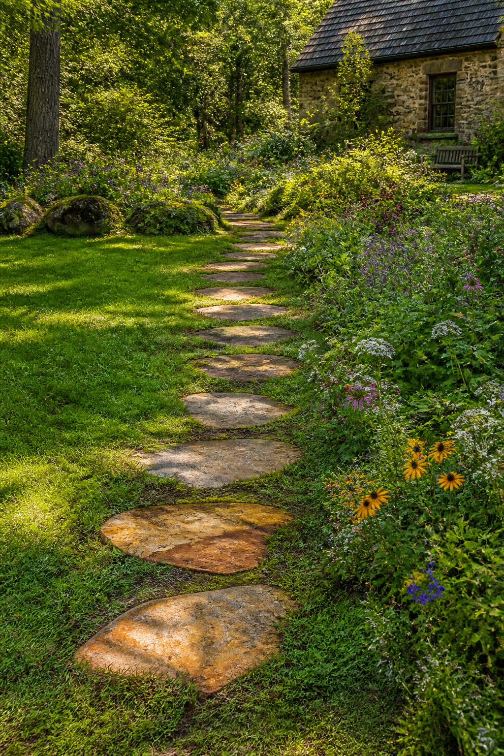Irregular flat stones arranged on grass for a garden path.