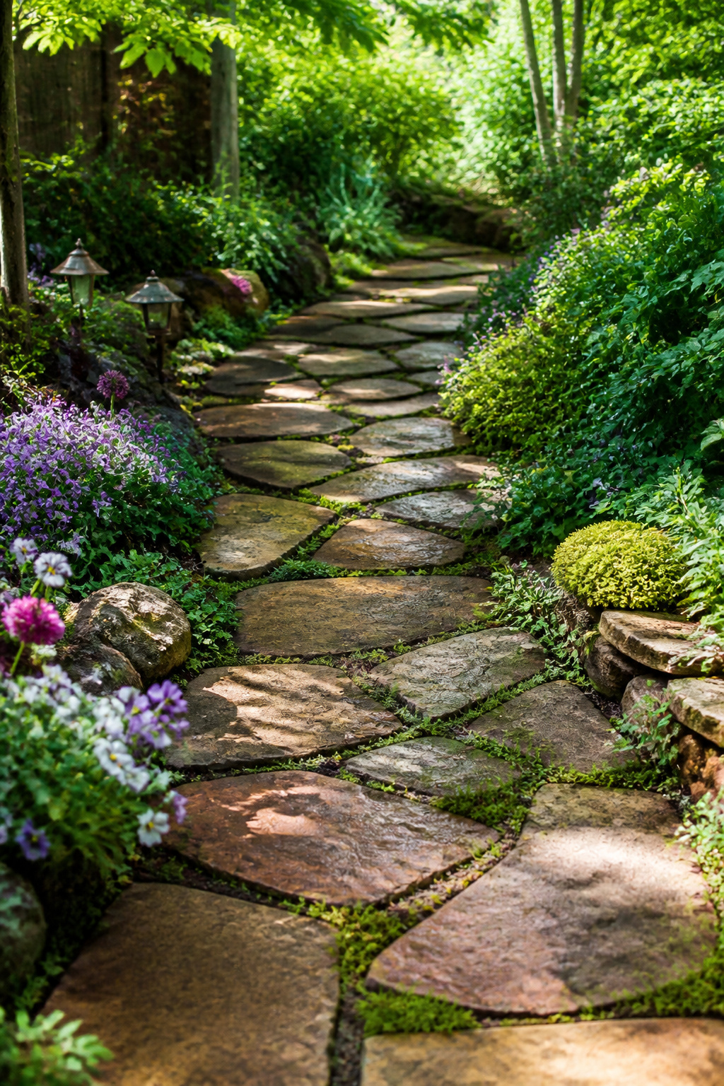 Irregular flagstone pieces forming a winding garden path.