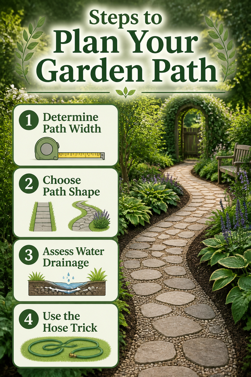A guide outlining steps to plan a garden path.
