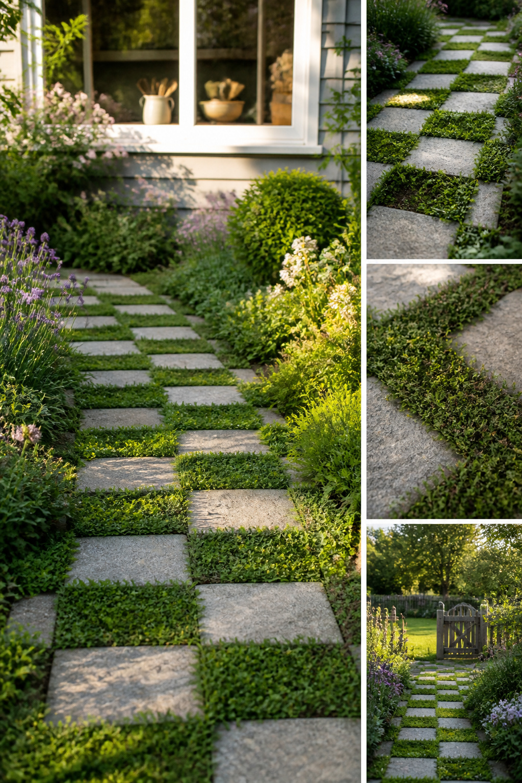 A checkerboard stone path filled with creeping thyme.