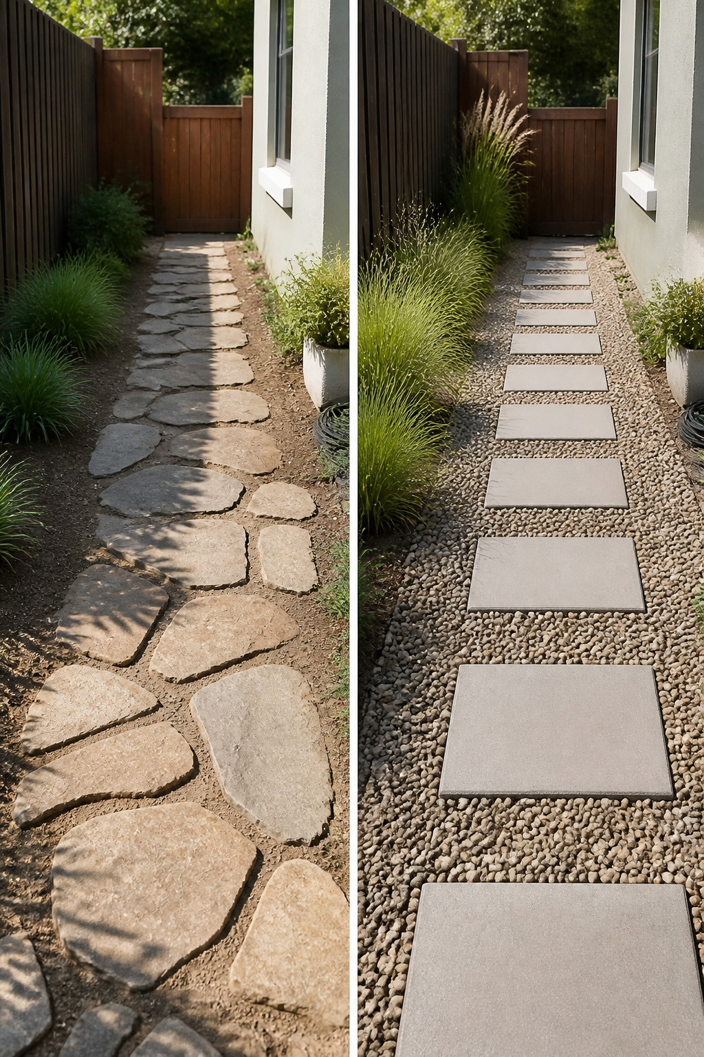 Geometric cut stones placed in a bed of pea gravel.