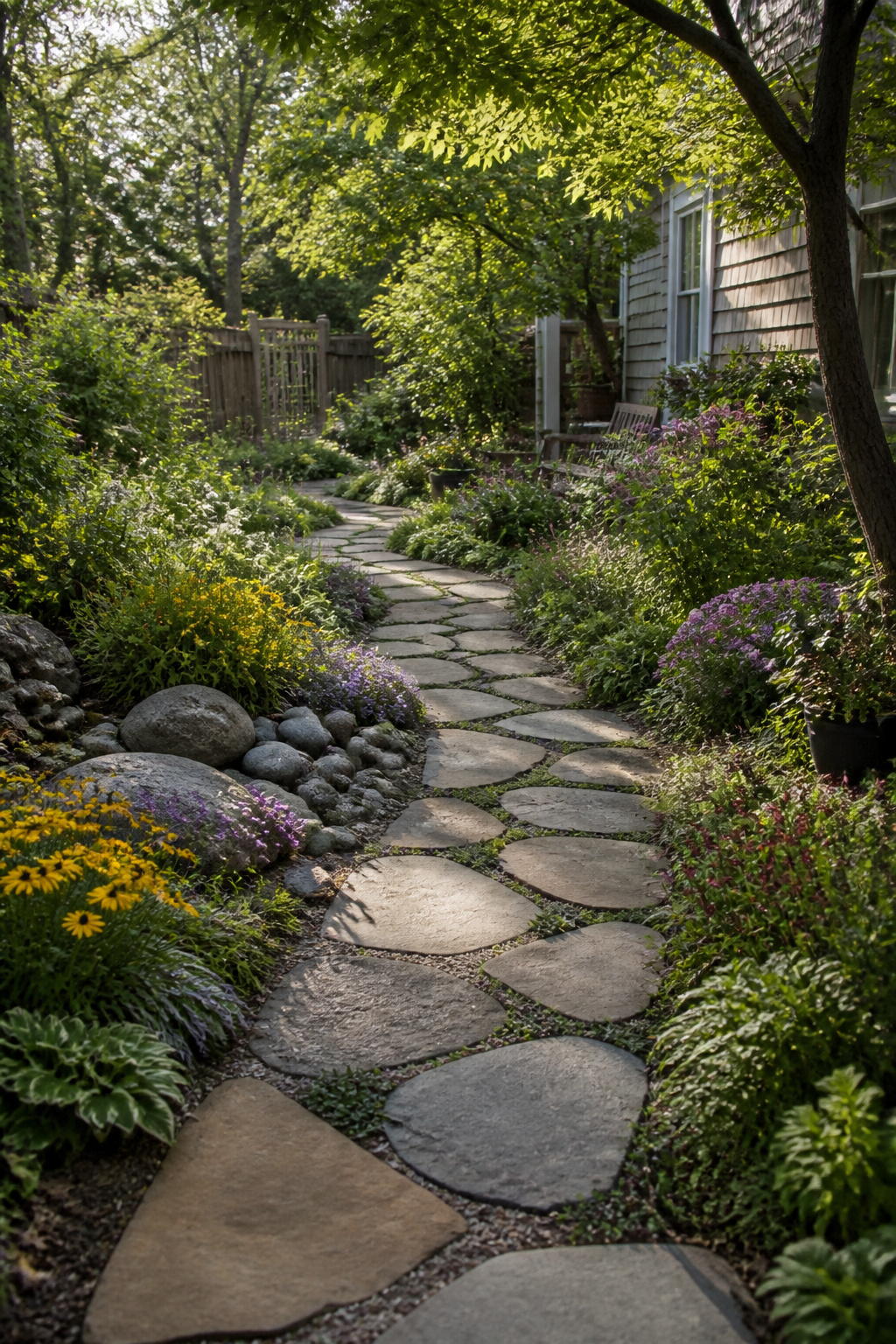 Irregular slabs of sandstone and granite forming a garden path.