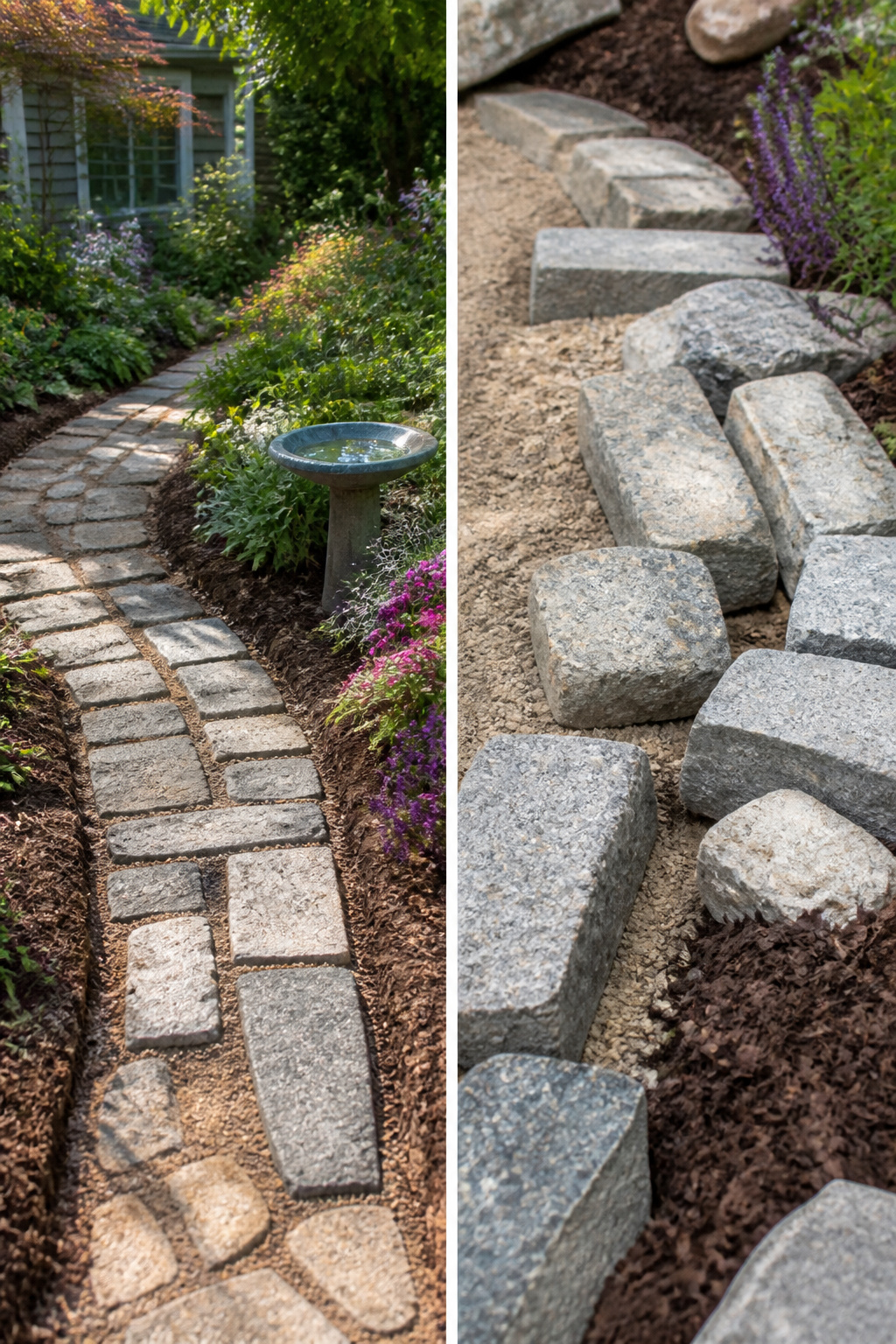 Various reclaimed stones and DIY flagstone molds for a path.
