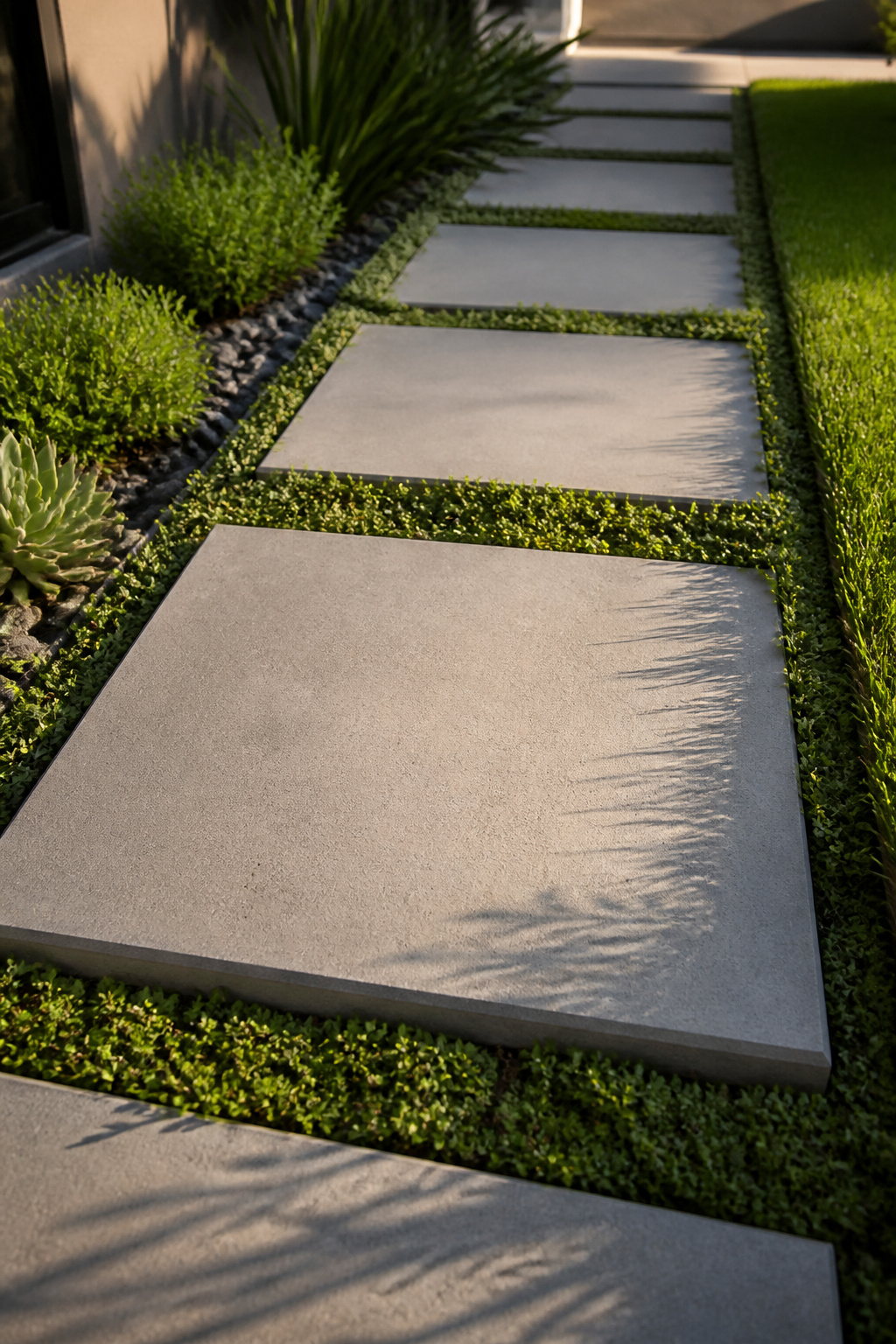 Large architectural slabs arranged with ground cover in between.