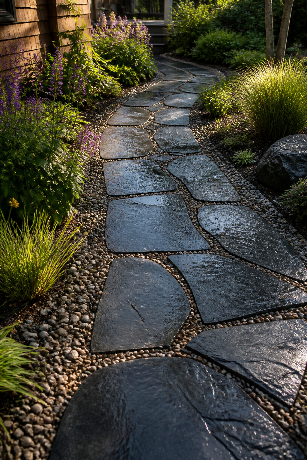 Slate stones bordered by gravel in a low-maintenance design.